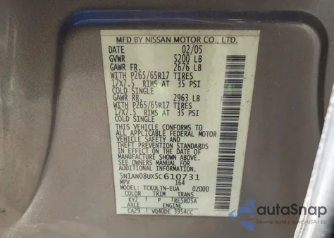 2005 Nissan Xterra Off Road from USA, damaged, VIN 5N1AN08UX5C610731